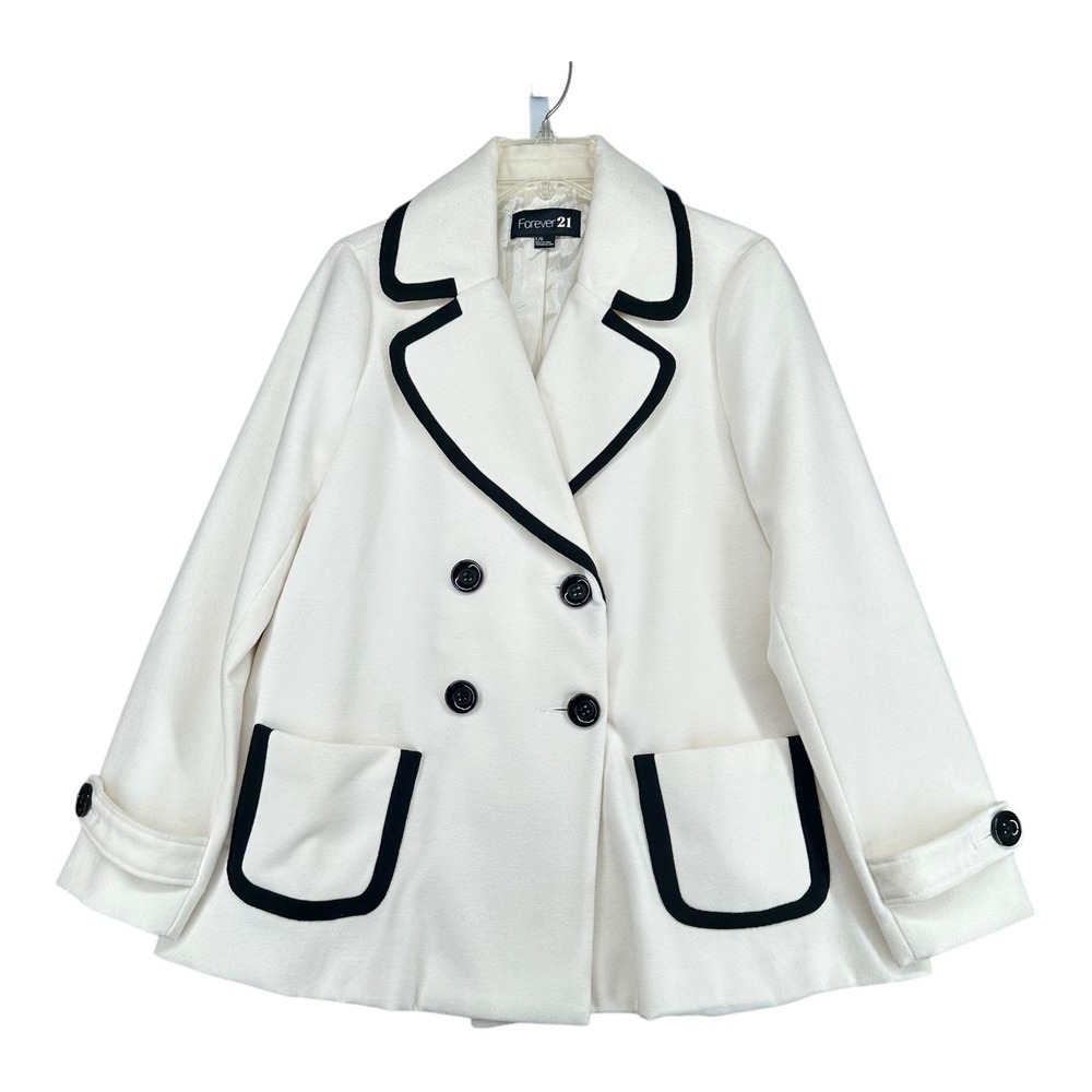 Forever 21 L Large Off White Black Trim Double Breasted Jacket Y2K